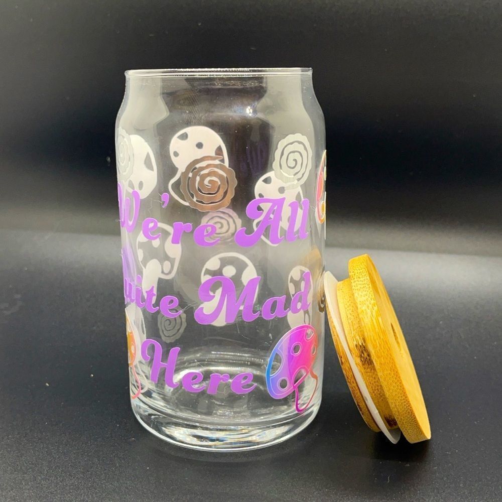 NWT Wool + Pepper Co. We’re All Quite Mad Here Glass Can Cup w/ Bamboo Lid